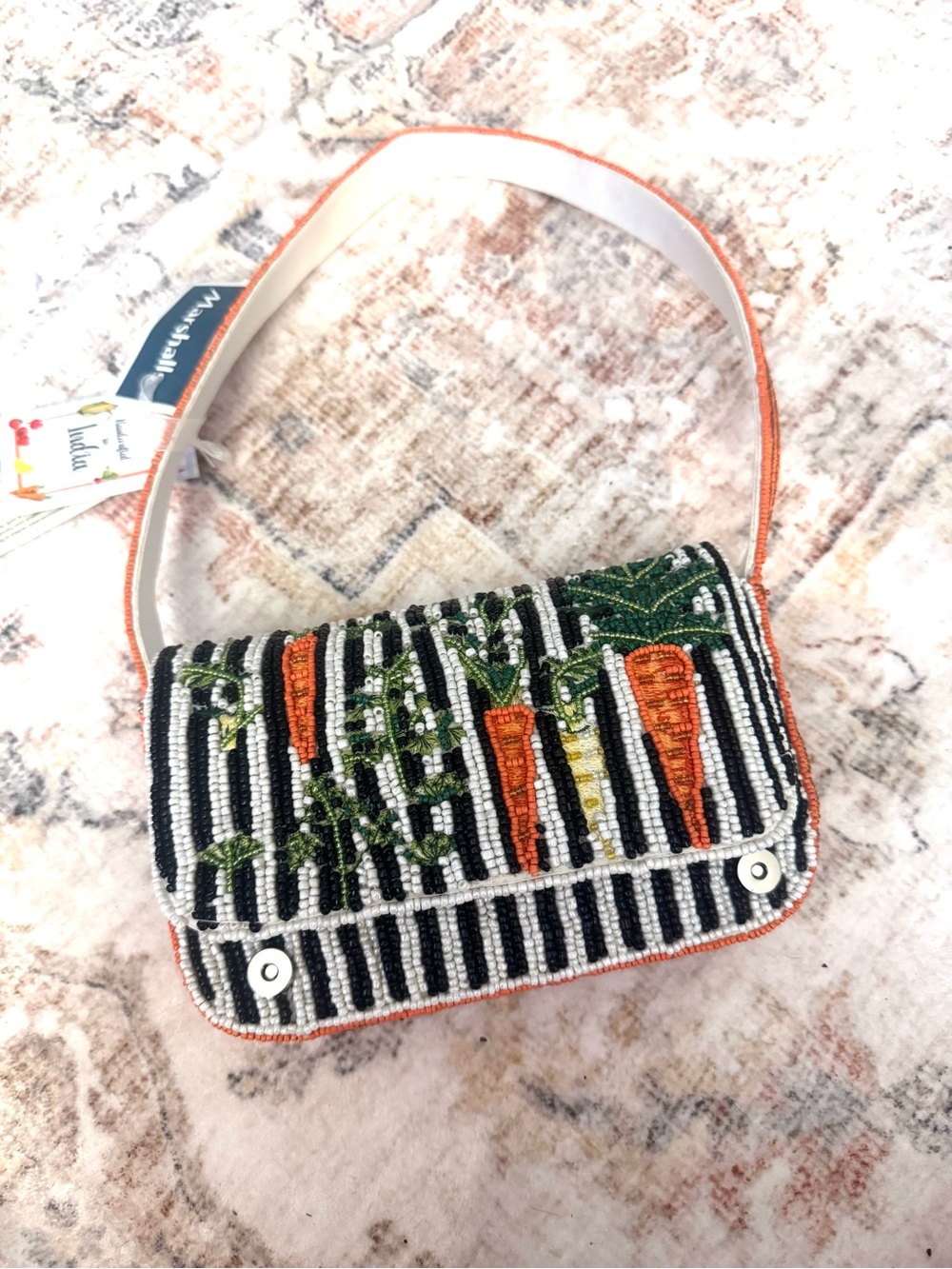 Carrot Beaded Shoulder Bag Handmade in India New with Tags